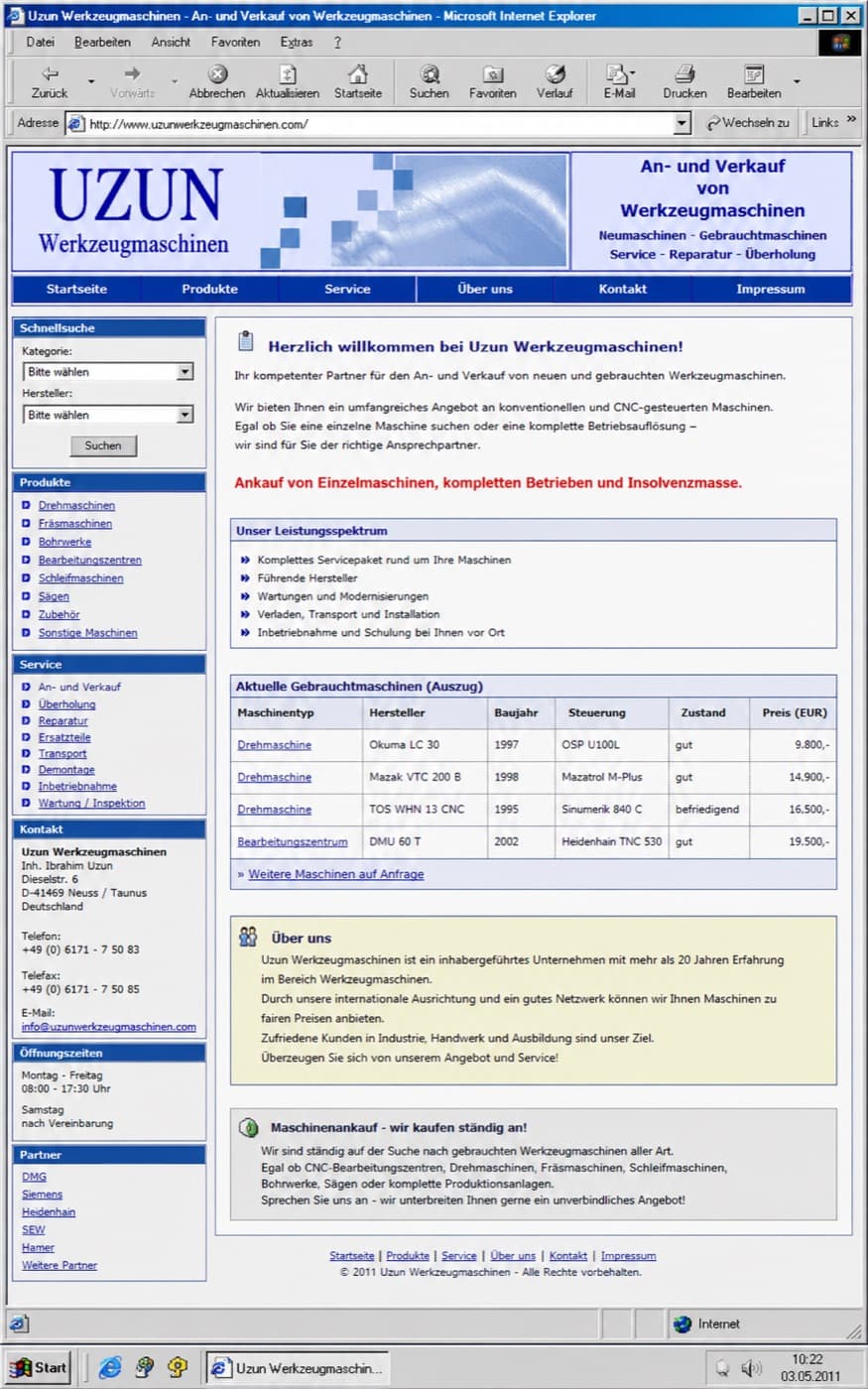 Alte Website von Uzun Werkzeugmaschinen vor dem Relaunch