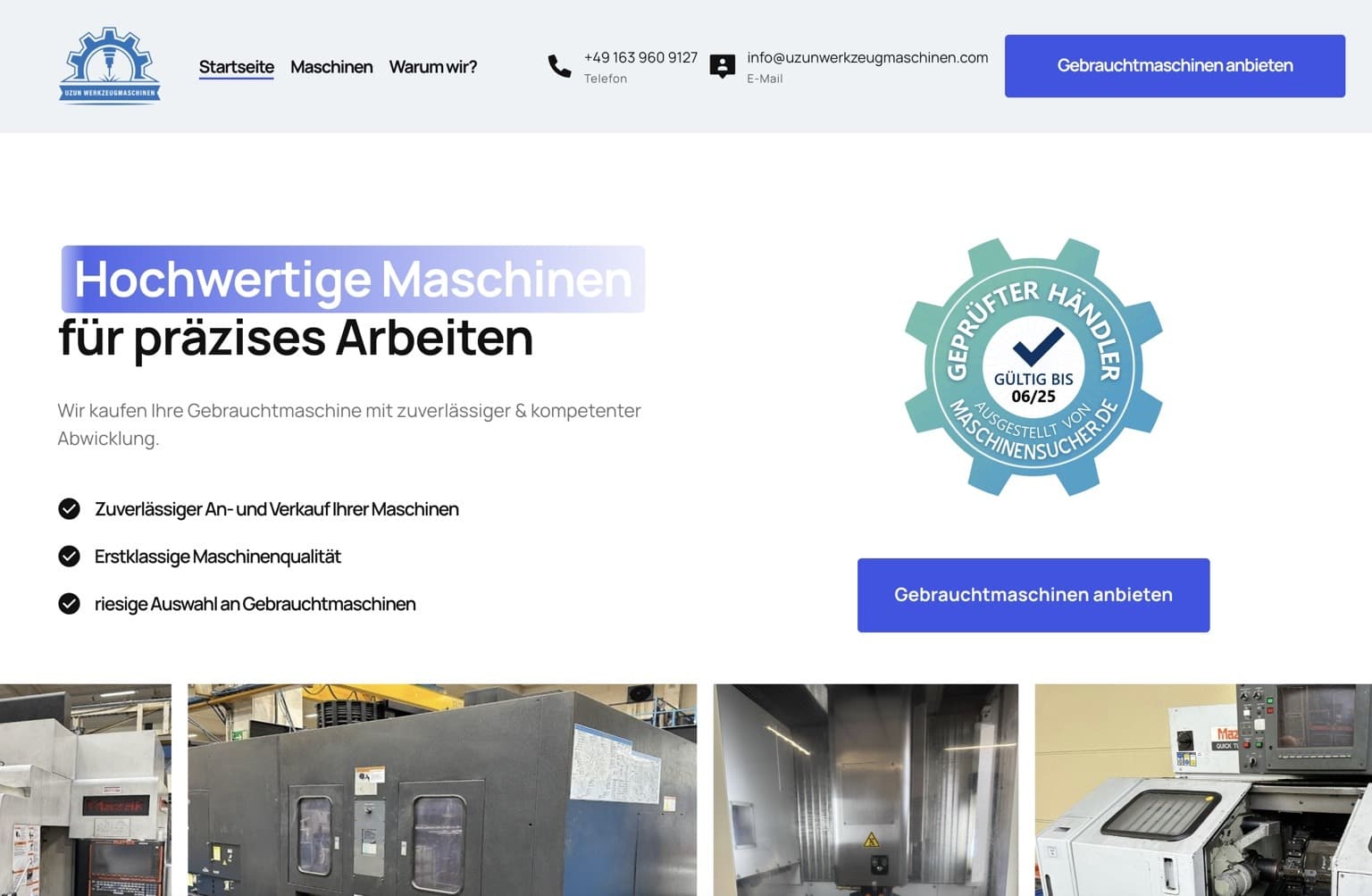 Desktopansicht der Website von Uzun Werkzeugmaschinen